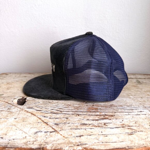 Vintage ROADWAY Corduroy Trucker Hat Navy Blue Mesh Snapback Swingster - Picture 3 of 7